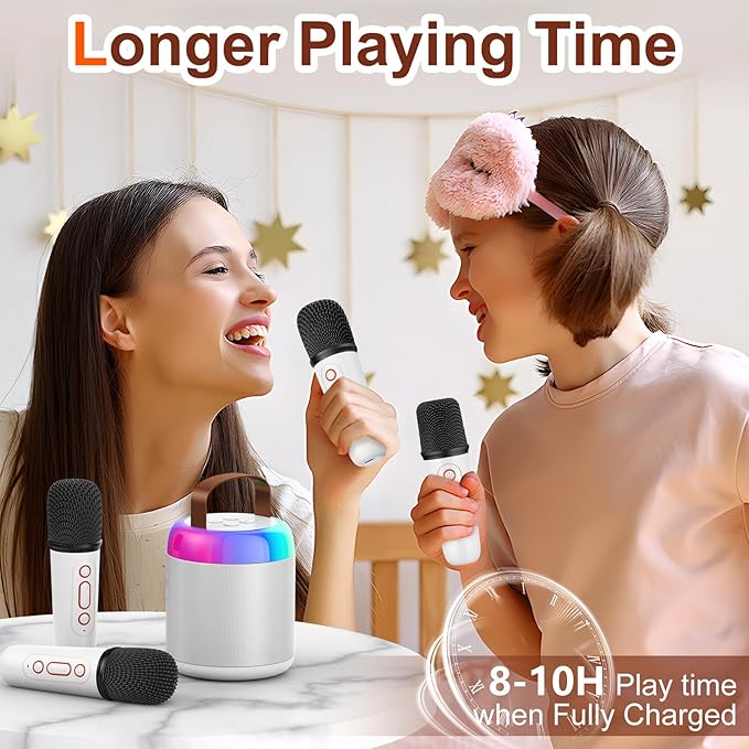 Karaoke Machine for Kids, Portable Bluetooth Speaker with 2 Wireless Microphones and LED Lights, Music Player Toys Gifts for Kids Ages 4, 5, 6, 7, 8, 9, 10+ Year Old Birthday Party (White)