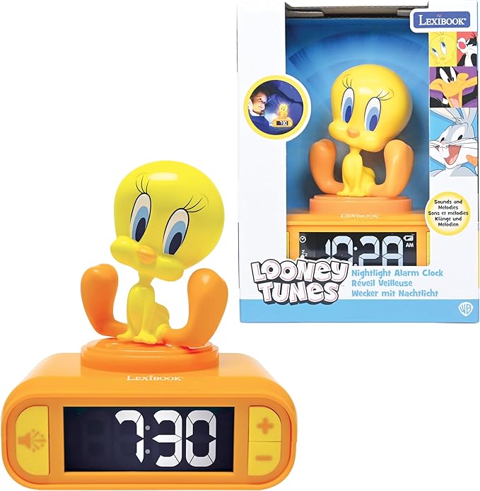 LEXiBOOK, Tweety, Tweety Night Light Alarm Clock, Sounds and Melodies, Backlit LCD Screen, Illuminated, Snooze, Yellow, RL800TW