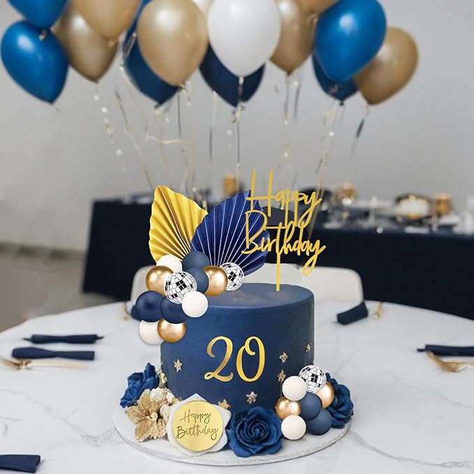 42Pcs Gold Blue White Balls Cake Topper Decorations with Disco Balls Palm Leaves Acrylic Numbers 0-9 and Happy Birthday Cake Toppers for Boho Wedding Baby Shower Birthday Party Supplies