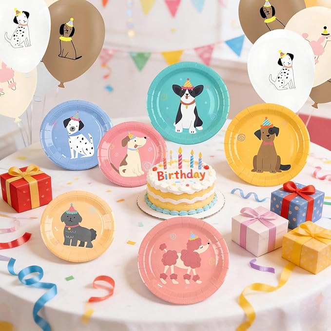 185 Pcs Pet Dog Birthday Party Decorations, Pet Dog Birthday Party Supplies Retro Puppy Themed Paper Plates Napkins Disposable Vintage Dog Tableware Set Serves 24, for Kids Birthday Baby Shower Decor