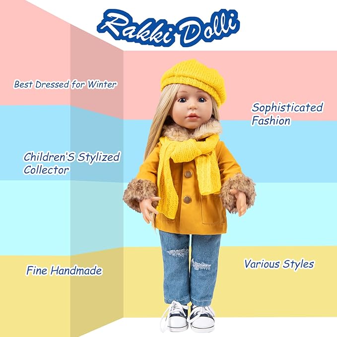 18 Inch Doll Clothes Set 5-PC Fashion Mustard Winter Coat Set Includes Warm Coat, Shirt, Jeans, Yellow Knit Hat & Knit Scarf, Outfits Casual Wear Fits American Girl,Our Generation Dolls