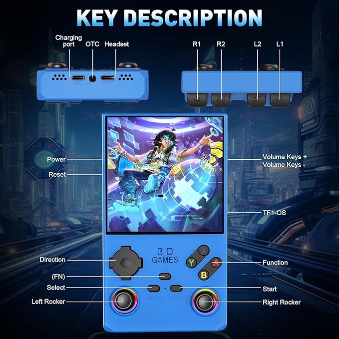 Hugawello R40 MAX handheld device, 40000 in 1 high-definition gaming mini retro video console, 4-inch IPS screen, 256GB RAM, 45 built-in emulators, 3800mAh battery (blue 256GB)