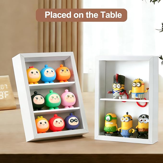 Small Display Case for Mini Figurines, Blind Box Toys | 2" Deep Shadow Box with Adjustable Shelves Tension-Fit DIY | Wall or Tabletop Stage for Small Collectibles, Funko Minis, Mini-Funko | White