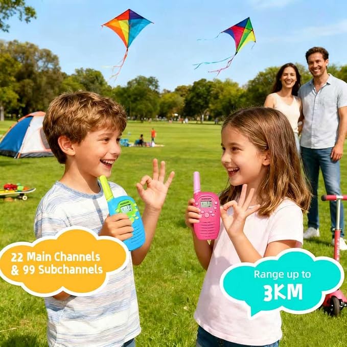 HUNICOM Kids Walkie Talkies with 3KM Range, 99 Privacy Codes, VOX Hands-Free, Built-in Flashlight & 10 Call Tones – Ideal for Outdoor Adventures, Family & Team Use (Pink)