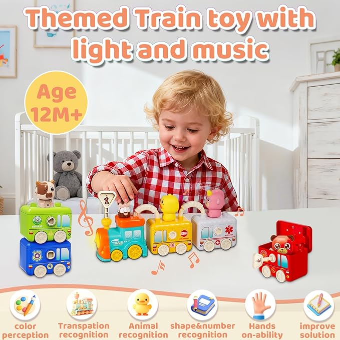 Montessori Train Toys for 2 3 4 Year Olds - Toddler Learning Train Set with Lights & Sounds, 6 Vehicle Transport, Lock & Key Activity, Farm Animal Finger Puppets, Easter Birthday Gift for Boys Girls