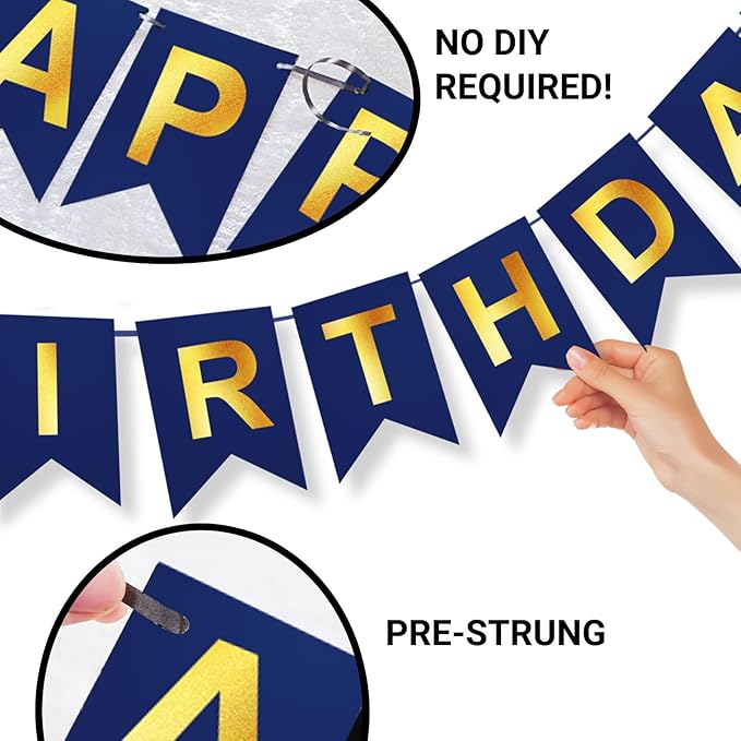 Navy Blue Birthday Party Decorations for Men Decor 100pcs Gold and Navy Blue Balloons Garland Arch Kit Pre-Strung Happy Birthday Banner Girls 16th 18th 30th 40th 50th 60th 70th 80th 90th for Boys