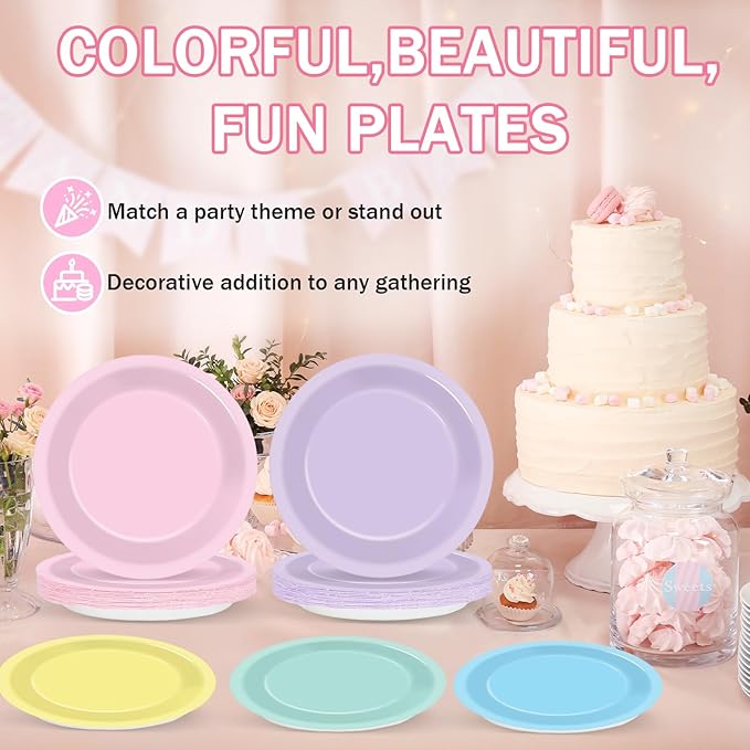 48Pcs Pastel Party Plates Spring Pastel Party Supplies 7" Pastels Paper Plates Disposable Rainbow Parties Decoration for Easter Wedding Colorful Dessert Plate Tableware Birthday Baby Shower Supplies
