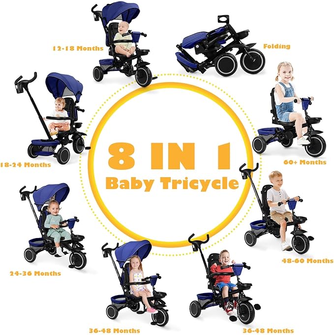 Folding Kids Tricycle, 8 in 1 Toddler Trike W/Removable & Adjustable Canopy, Parent Handle, 5-Piont Harness, Toddler Bike Tricycle for Kids 1-6 Years, EVA Wheels, Storage Basket, Blue