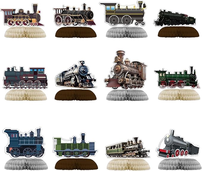 12 PCS Train Honeycomb Centerpieces for Table Decor, Retro Train Table Decorations Table Toppers for Train Party Decorations Train Birthday Party Supplies