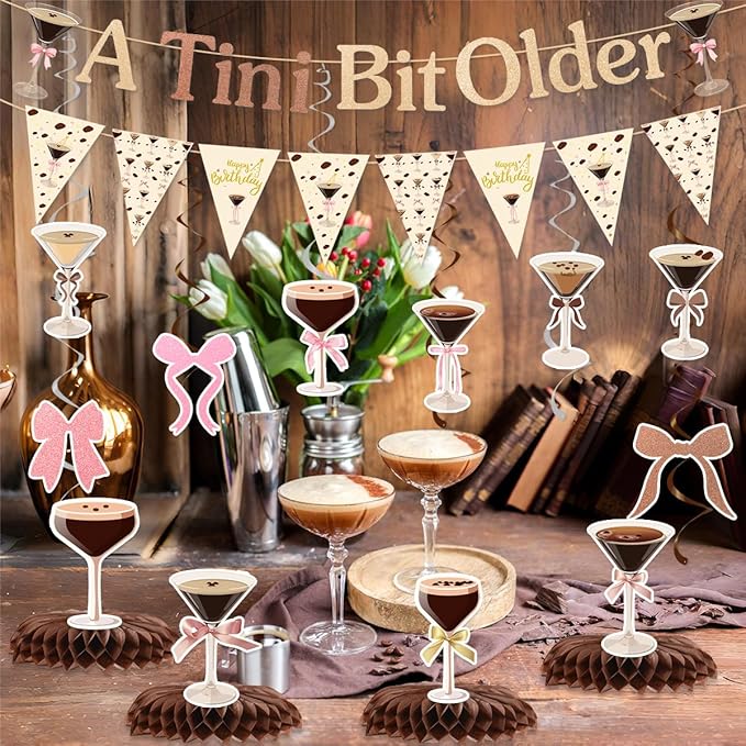 Espresso Martini Party Decorations Include A Tini Bit Older Glitter Banner Hanging Swirls Honeycomb Centerpieces Martini Birthday Bachelorette Bridal Shower Tini Bar Party Decor Supplies