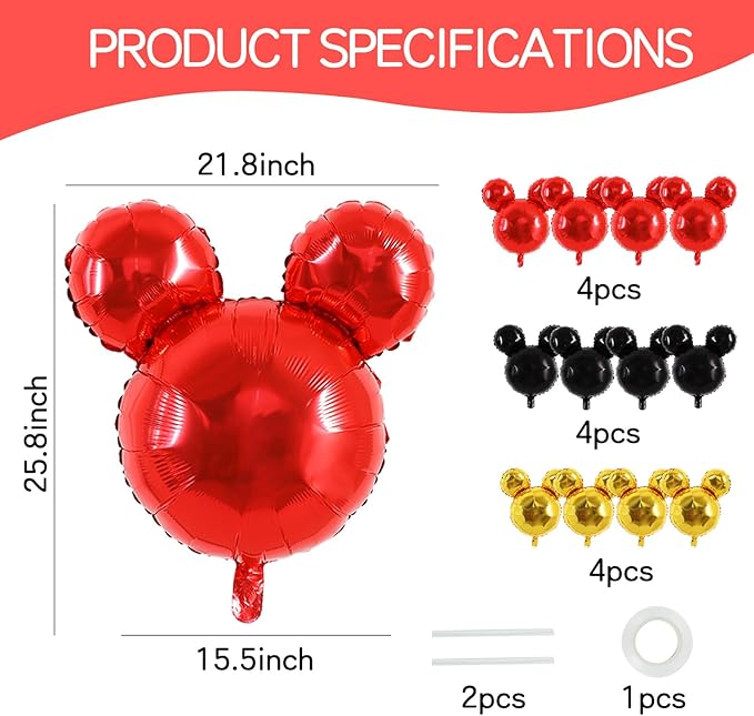Vuzvuv 12pcs 24 Inches Mouse Head Foil Balloons, Black Red Gold Mouse Shaped Balloon for Birthday Party, Baby Shower,Theme Party Decoration,Graduation Party Supplies