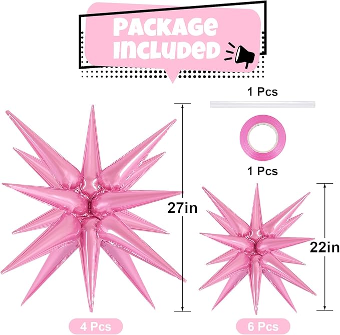 10 Pcs Pink Star Balloons Explosion Balloons Foil Cone Balloon Magic for Birthday Wedding Anniversary Party Backdrops Decorations Supplies, 6 Pcs 22Inches and 4 Pcs 27Inches