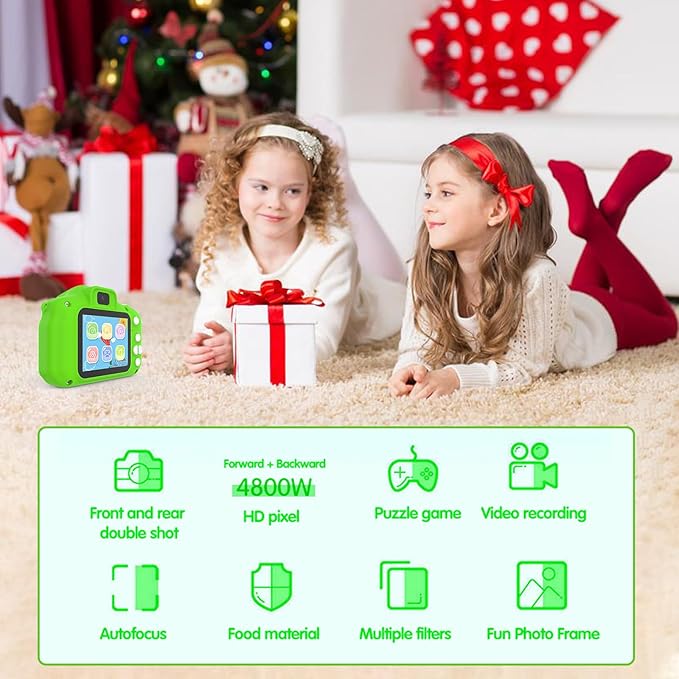 Kids Camera for 3-9 Year Old Boys Girls, Children Digital Camera with Cute Cartoon Soft Cover & 32GB SD Card, Best Christmas Birthday Gifts for Grandkids, Halloween Party Favors for Kids - Green