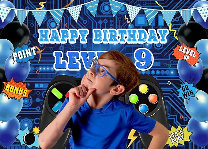 Game Theme Level 9 Birthday Backdrop Video Game Happy 9th Birthday Party Decorations Level Up Theme Boys Kids Birthday Party Supplies(7×5FT)