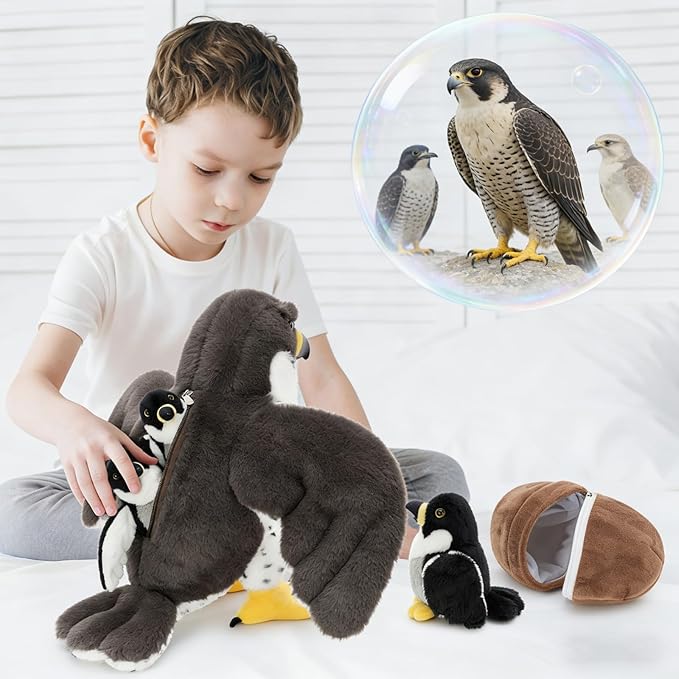 MaoGoLan 4 Pcs Peregrine Falcon Stuffed Animals Bulk with 3 Baby Birds Inside, 18 inch Giant Plush Falcon Toys Set Funny Stuffed Eagle Christmas Valentine's Day Easter