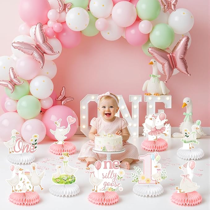 9Pcs One Silly Goose Birthday Decoration Girls Pink White Silly Goose Birthday Honeycomb Centerpieces Silly Goose Theme Party Decor for 1st Birthday Baby Shower Party Supplies Gender Reveal