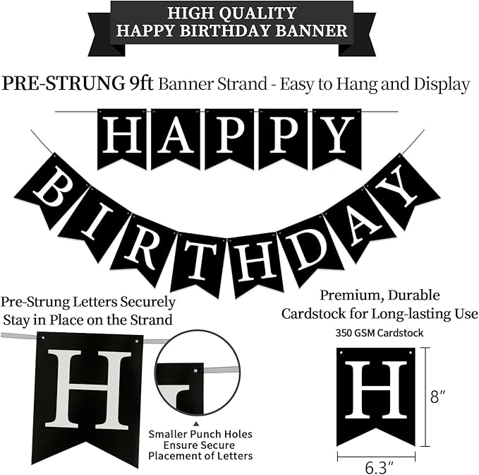 Black Birthday Decorations Kit - 16-Piece Set with Pre-Strung Happy Birthday Banner, Honeycomb Balls, Garland & Swirls | Black Theme Party Supplies for Men Women Girls Kids, Teens Adults