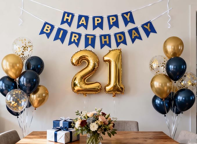 21st Birthday Party Decorations for Men, Navy Blue Gold Birthday Banner Number 21 Foil Balloons Metallic Latex Confetti Balloons for Men Him 21 Years Old Decoration (21st)