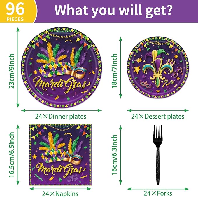 96PCS Mardi Gras Plates and Napkins Party Supplies Mardi Gras Decorations New Orleans Carnival Masquerade Party Decorations MardiGras Disposable Tableware Set Serve 24 Guests