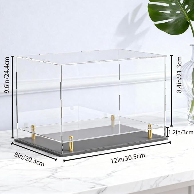 Acrylic Display Case for Collectibles, Dustproof Acrylic Box with Clear Display Elevation & Gold Risers, Large Display Case for Figures Toys Memorabilia, 12" L x 8" W x 9.6" H