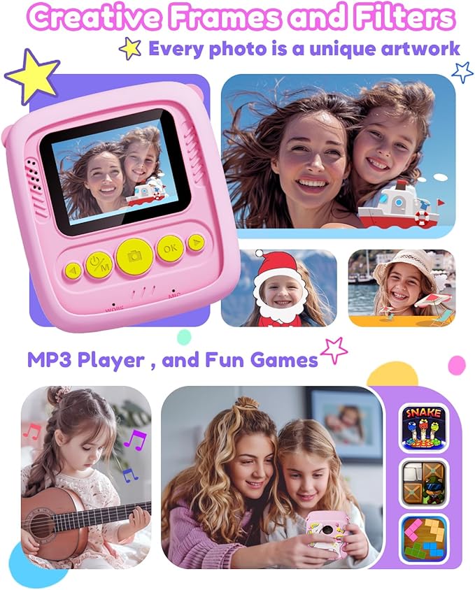 Kids Camera Instant Print, Christmas Birthday Gift for Girls 3-12 Year Old, 1080P Kids Digital Camera Toys with Unicorn Cover, Toddler Camera for 4 5 6 7 8 9 10 Year Old Girls Boys