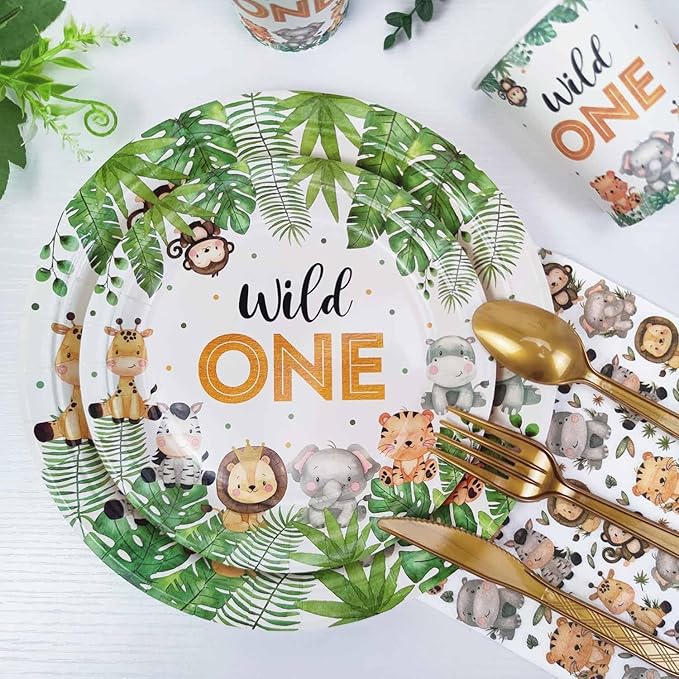 175 Pcs Wild One Birthday Decorations Plates Set 25 Guests, Safari Jungle Baby Shower Theme Paper Plates Napkins Cups Cutlery Set Boys First 1st Party Supplies