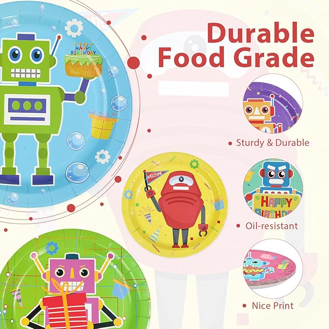 60Pcs Robot Birthday Party Decorations 9 Inch Disposable Heavy Duty Robot Birthday Paper Plates Cartoon Robots Funny Colorful Dessert Themed Plates for Boys Kids Baby Shower Game Party Supplies