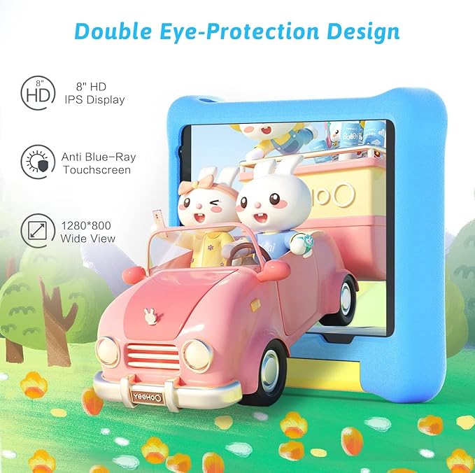 Gleeso Kid Tablets 8 inch Android Tablet for Kids 1280x800 Eye-Caring IPS Touchscreen Upgraded Protective Case 4000mAh Battery (Blue)