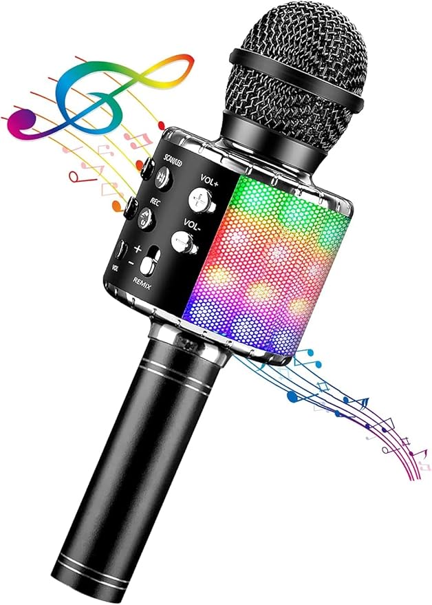 ShinePick Karaoke Microphone, 4 in 1 Wireless Microphone with LED Lights Handheld Portable Karaoke Machine, Home KTV Player, Compatible with Android & iOS Devices(Black)