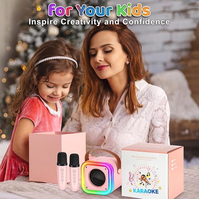 Mini Karaoke Machine for Kids, Girl Toys Gifts, Kids Karaoke Wireless Microphone for 4,5,6,7,8,9,10,11,12 Years Old Boys and Girls Christmas Party Gifts Toys (Pink)