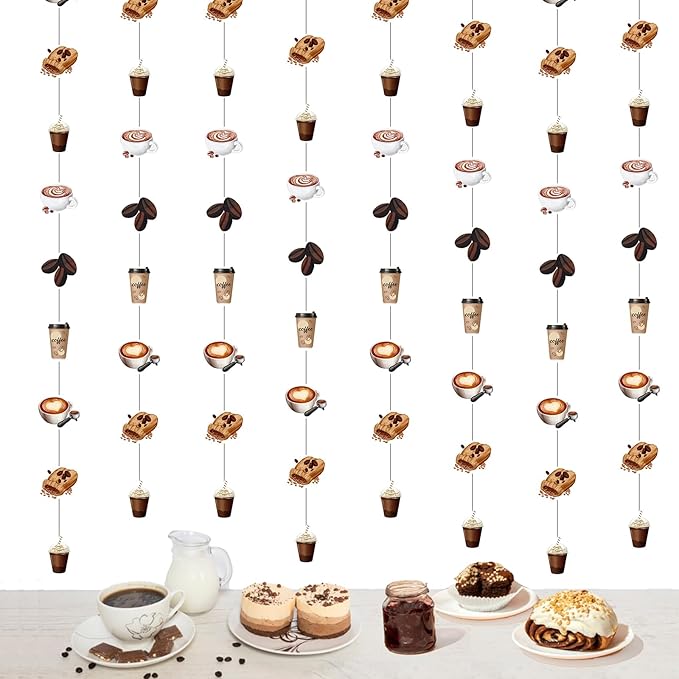 8Pcs Coffee Theme Streamers, Coffee Bean Cup Paper Garland for Birthday Baby Bridal Shower Bachelorette Latte Party, Cafe Shop Bar Hanging Decorations Supplies