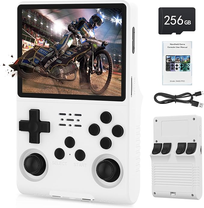 FHYRGF[30000 in 1] R40S PRO Handheld Game Console 3.5 inch IPS Screen Mini Retro Console 3800mAh Portable Pocket Arcade 12+ Mainstream Emulator 256G TF Card Transparent.(White)