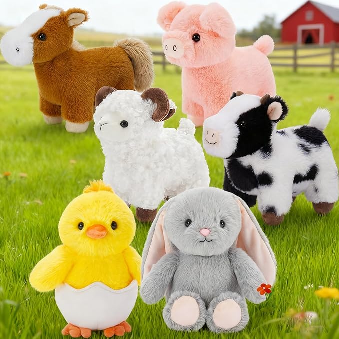 MaoGoLan 6-Pack Stuffed Farm Animal Bulk Plush Toys Set 10″ Soft Stuffed Animals for Kids, Girls - Party Decor, Centerpieces & Pretend Play, Thanksgiving, Christmas, Easter Gifts