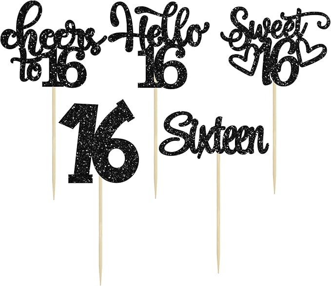 30Pcs 16th Birthday Cupcake Toppers Sixteen Happy 16th Cupcake Picks Sweet 16 Cake Decorations for Birthday Anniversary Party Supplies Black Glitter