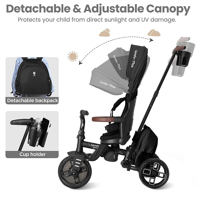 QPlay Toddler Bike Stroller for Baby 10 Months to 6 Years Old, 8-in-1 Foldable Stroller Bike for Toddlers 3-5 Boys & Girls Gifts Trike — Adjustable Handle, Triple Footrest, Canopy & Storage Bag