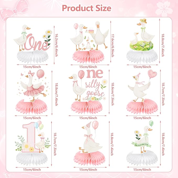 9Pcs One Silly Goose Birthday Decoration Girls Pink White Silly Goose Birthday Honeycomb Centerpieces Silly Goose Theme Party Decor for 1st Birthday Baby Shower Party Supplies Gender Reveal