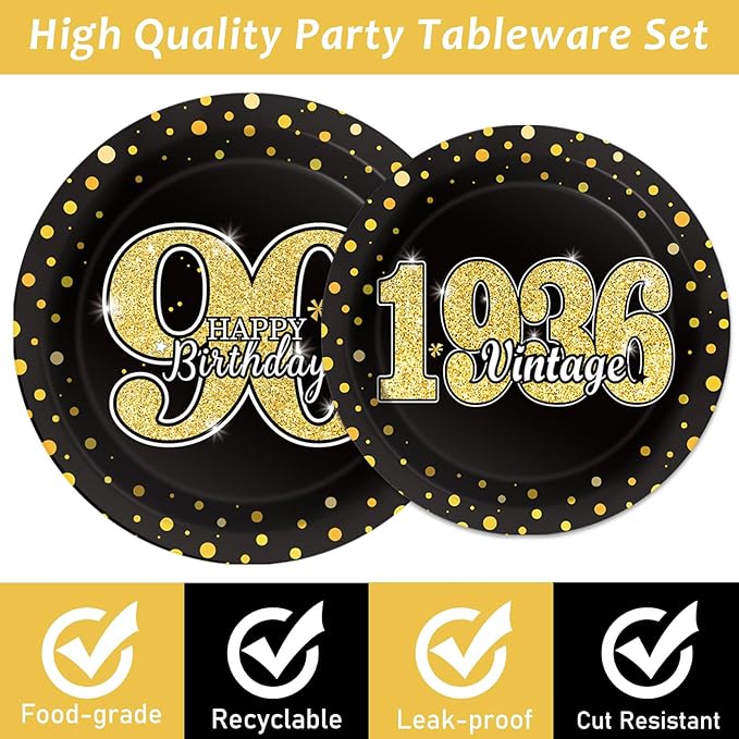 96PCS 90th Theme Birthday Party Tableware Vintage 1936 Party Supplies 90 Year Old Birthday Decorations Plates Napkins Forks Black and Gold Dinnerware Favors for Men or Women