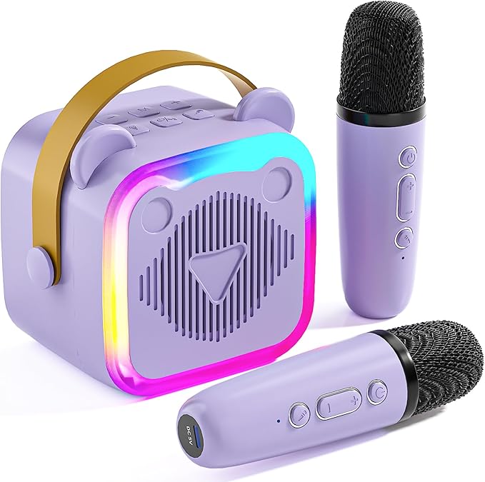Mini Karaoke Machine for Kids: Portable Singing Toys Speaker with 2 Wireless Microphones for Girls and Boys Ages 3-12+ Years Old（Purple）
