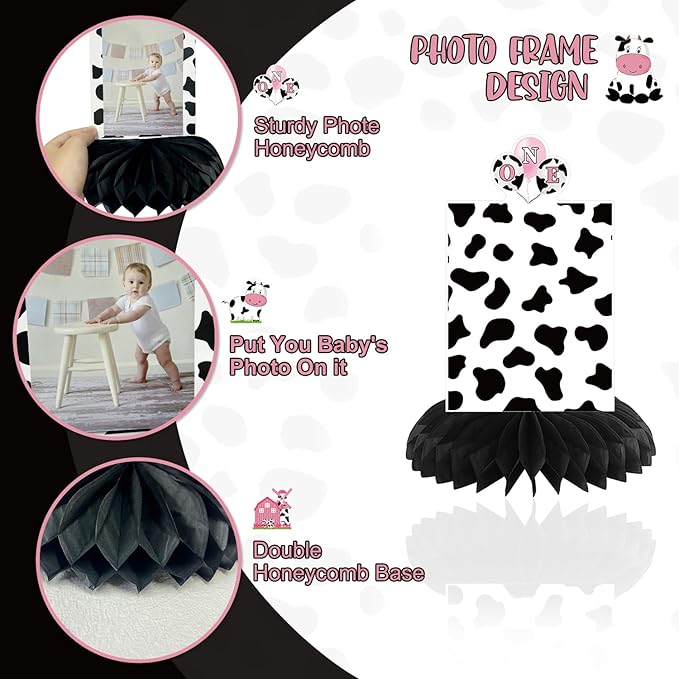 Holy Cow Im One Birthday Decorations, Cow First Birthday Decorations Honeycomb Centerpiece for Table, Baby 1st Birthday Cow Themed Photo Table Centerpiece Party Supplies