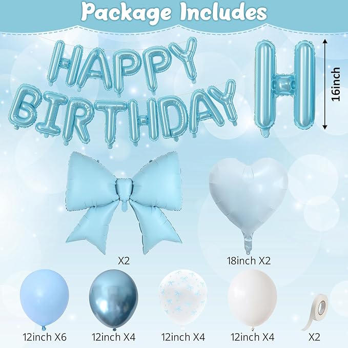 Blue Bow Birthday Decorations Pastel Baby Light Blue Metallic White Bows Print Party Balloon Happy Birthday Banner 38 In Coquette Foil Balloons Heart Balloon for Men Boys Bday Party Supplies
