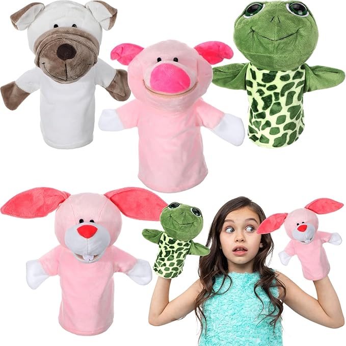4 Pcs Hand Puppet Animal with Working Mouth 9.8 Inch Animal Puppet Soft Plush Toy for Storytelling Theater Preschool Birthday Gifts (Turtle, Rabbit, Pig, Dog)