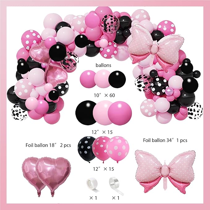 288 PCS Pink Mouse Birthday Decorations Serves 20 Guests Mouse Theme Party Decorations Include Balloons, Tablecloth, Backdrop, Cake Topper, Paper Plates and More Party Supplies for Girls