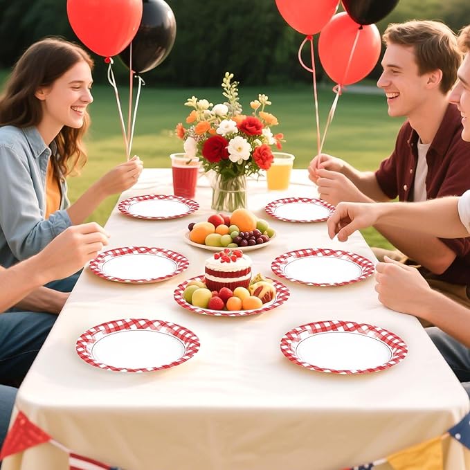 100 Pcs Red Gingham Paper Plates 7" Heavy Duty Red and White Buffalo Checked Plaid Dessert Plates Disposable Gingham Party Supplies for Summer Pizza BBQ Picnic Baby Shower Birthday Party Decorations