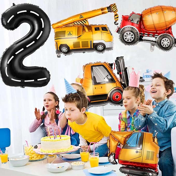 Construction Birthday Decorations 2 Year Old, Large Construction Balloons 40Inch Racetrack Black Number 2 Balloons Construction Truck Foil Balloons for Boys 2nd Construction Birthday Party Supplies