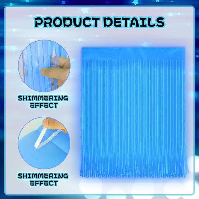 2 Pack Glow in The Dark Curtains Party Supplies 6.6 x 3.3 Ft Glow Tinsel Foil Fringe Curtains Blue Photo Booth Prop Backdrop Streamer for Birthday Holiday Neon Party Decoration