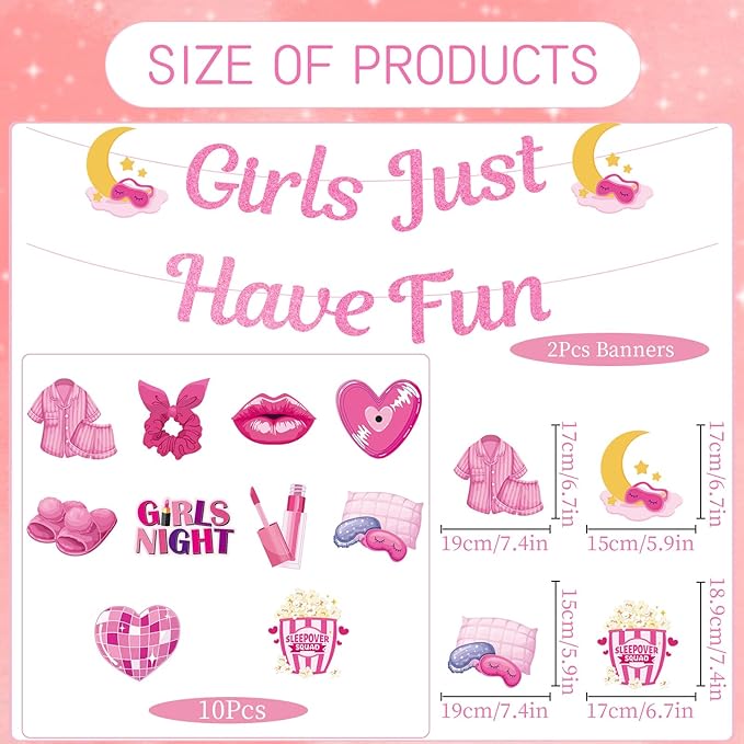 Slumber Party Decorations for Girls - 12 Pcs Spa Pajama Party Decorations for Adults, Sleepover Pink Party Supplies, Girls Just Have Fun Night Decoration