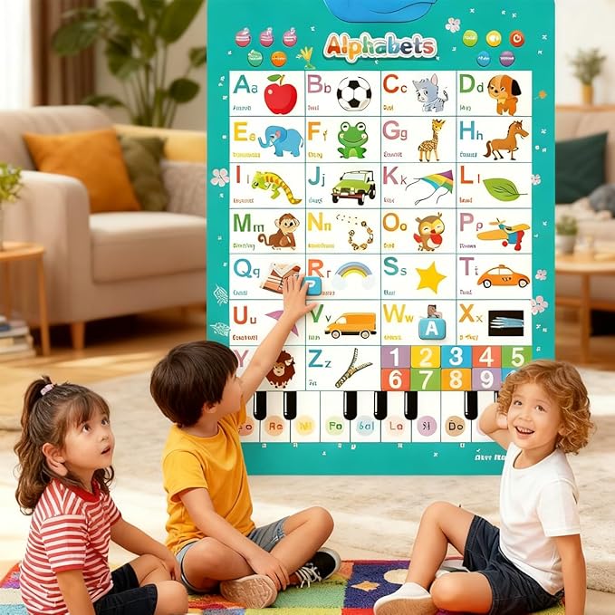 Bilingual Interactive Wall Chart for Kids – English & Spanish ABC Song Poster with Sound Effects, Alphabet, Numbers, Animal Words & Piano for Toddlers 1-6 (Red)