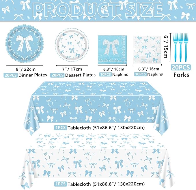 Blue Bow Party Supplies Set for 20 Guests, Including Tablecloths, Forks, Napkins and Plates for Blue Bow Birthday Decorations Coquette Birthday Party Bachelorette