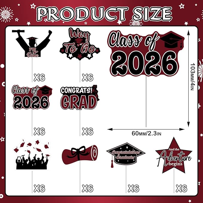 2026 Graduation Cupcake Toppers - 48 Pcs Maroon Graduation Party Supplies Mini Cake Food/Appetizer Picks For Class of 2026 Graduation Decorations