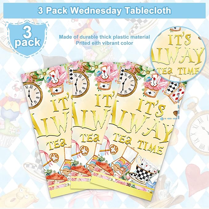 3PCS Wonderland Themed for Girls Kids Baby Shower 1st 2nd Birthday Party Decorations Tea Party Table Cover Table Cloth -54x108in